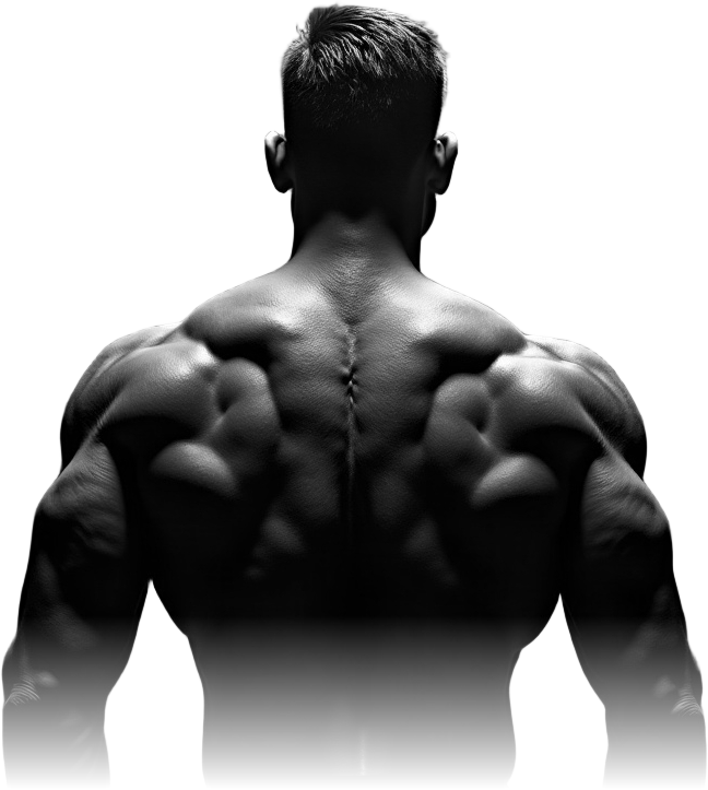 Athlete's back and shoulders under hard gym light